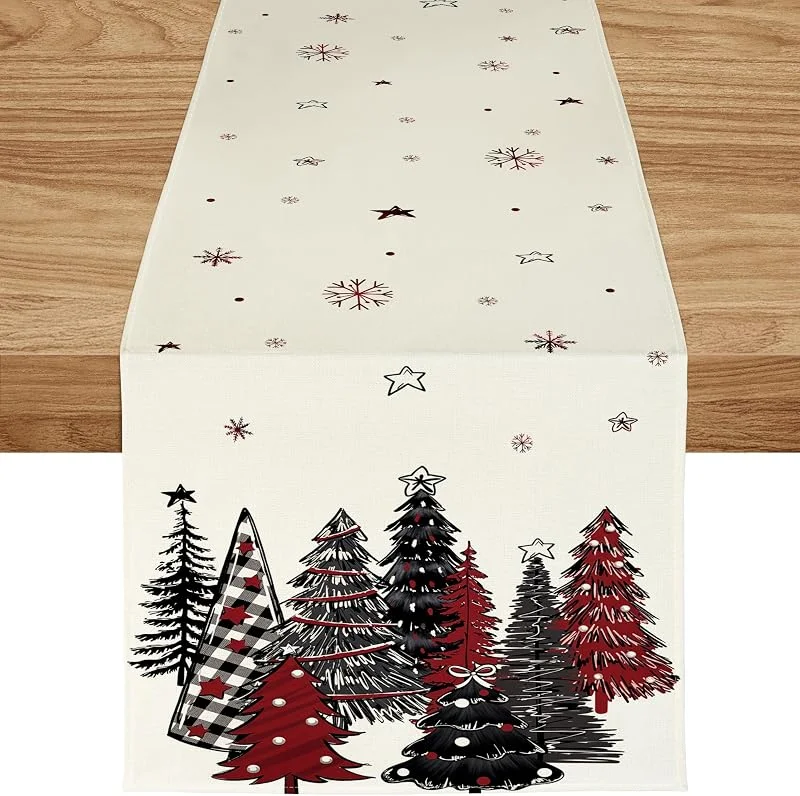 ZWJD Camino de Mesa Navideño 40x300 Moderno Negro y Rojo con Árboles de Navidad y Copos de Nieve, Decoración Festiva para Mesa Invernal, Ideal para Fiestas, Comedor y Sala de Estar — Adviento y mesa