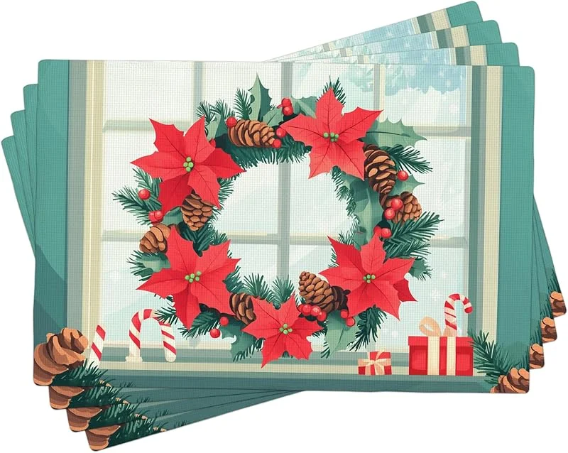 Generic Juego de 4 manteles individuales de corona de Navidad, color rojo y verde, para decoración de comedor de invierno, lavable, para interiores y exteriores, ropa de cama decorativa de Navidad, 45, 7 x — Hogar y cocina