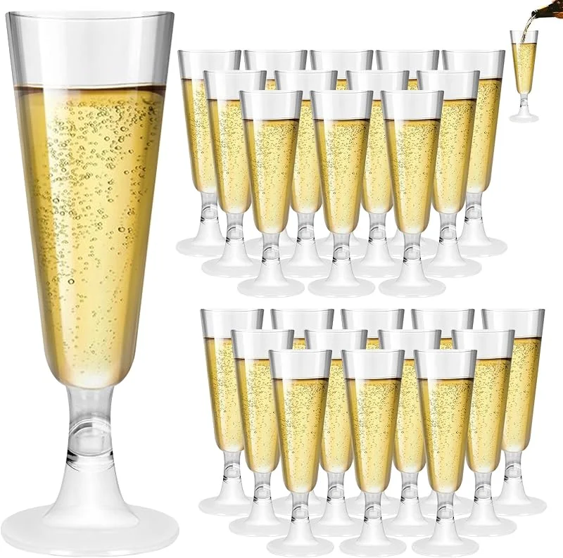 RUNQIN OUTDOOR 25Pcs Copas Champán Plástico Duro Transparente, Vasos Champagne Reutilizables 150ml, Flautas Vino Cócteles Cristal, Copas Cava Irrompibles Apilables para Fiestas, Navidad, Bodas, Cumpleaños y Barbacoa — Vino y mesa festiva