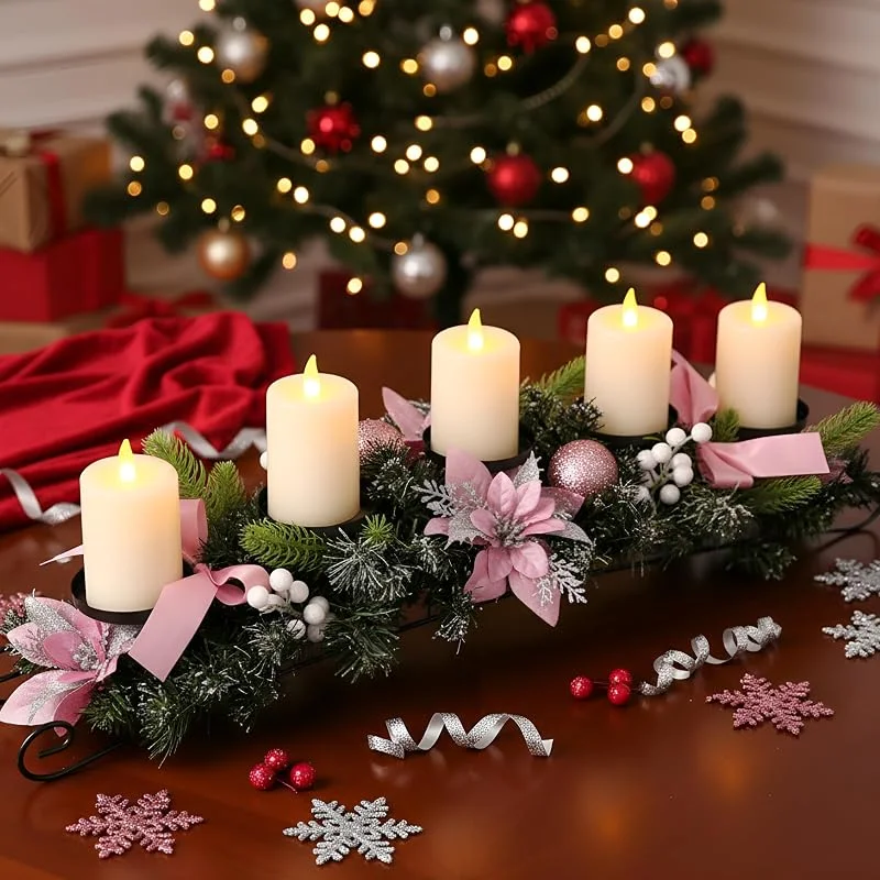 Yungyan Centro de mesa de Navidad de 30 pulgadas, incluye 5 portavelas LED que funcionan con pilas, flores de Pascua rosas, lazo rosa, conos de pino y base, decoraciones artificiales de mesa de cena — Cena a la luz de velas