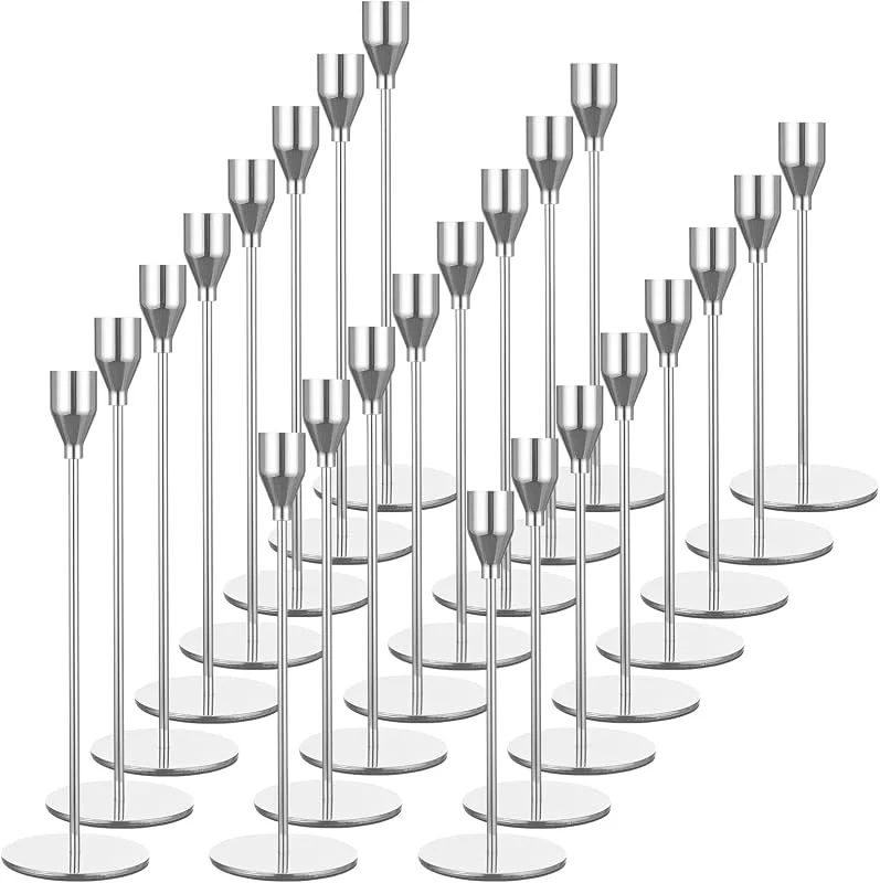Lumaycens Juego de 24 candelabros plateados, candelabros franceses para velas puntiagudas, candelabros adecuados para velas de 3, 4 pulgadas de grosor, portavelas para bodas, fiestas, hogar, cenas a la luz de — Cena a la luz de velas
