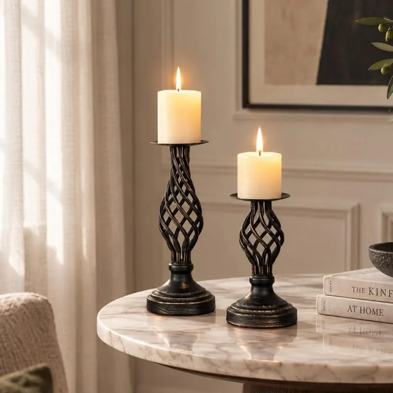 Visita la tienda de Nuptio Nuptio Candelero De Hierro del Tipo Retro, Candelero Cilíndrico con Tallo Largo, Decoración De Candelabro para Cena a La Luz De Las Velas, para Comedor, Sala De Estar, Barra (Pequeña + Grande) — Cena a la luz de velas