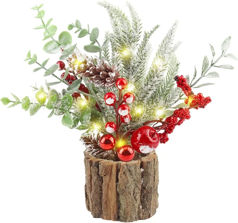 CYIOU Mini Arboles de Navidad Pequeños 30cm Decoración Mesa Navidad en Maceta Madera Artificial Árbol Pequeño con Adornos Piñas Bayas Rojas Copos Nieve para Decoración Árbol Escritorio — Adviento y mesa