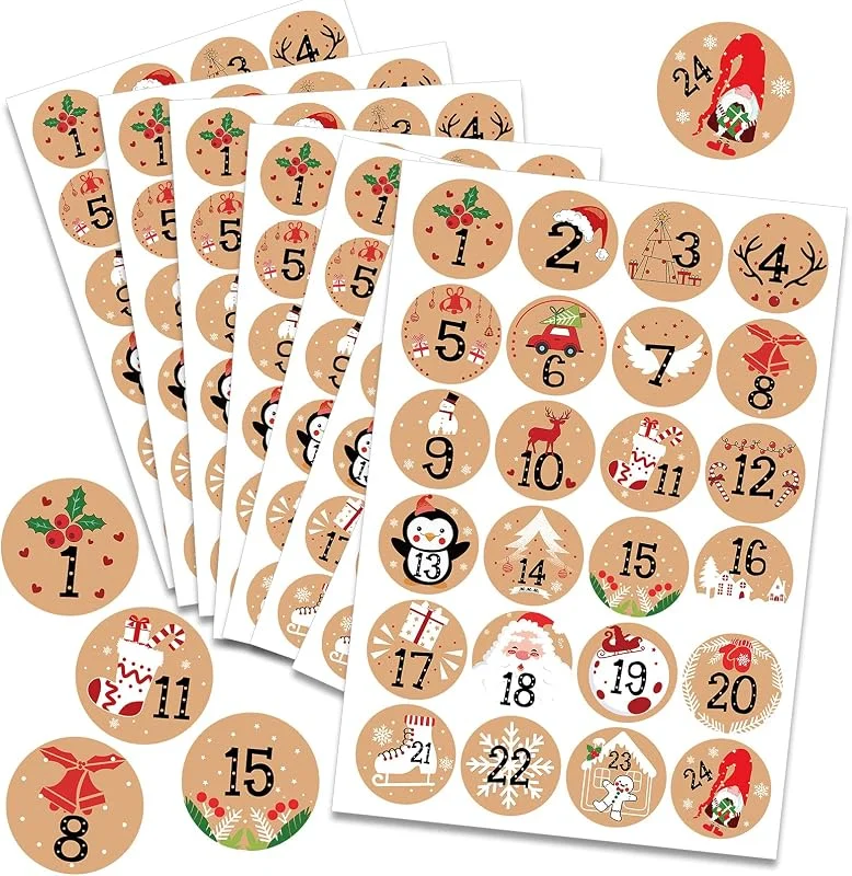 HOWAF 192 Piezas Pegatinas de Navidad, Pegatinas Calendario Adviento DIY, Pegatinas Numeros Adviento, 1-24 Pegatinas Redondas de Kraft de Navidad de Regalo, Navidad Decoración, 8 Hojas, 4 cm — Envoltorio regalo