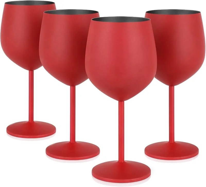 Livole Juego de copas de vino tinto, 18 onzas, 550 ml, de acero inoxidable, copas de champán, copas grandes abombadas, copas de cóctel con tallo, juego de copas para cócteles, vino tinto, rojo (4 — Vino y mesa festiva
