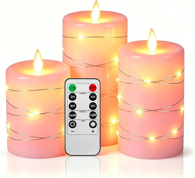 Visita la tienda de Da by Da by 3 Velas LED Rosa con Luces Hada Envolventes, Efecto Llama Parpadeante Ultra Realista, 1 Mando, Cera Natural, Tamaños Surtidos, Reutilizables y Ecológicas para Decoración de Hogar y Eventos — Cena a la luz de velas