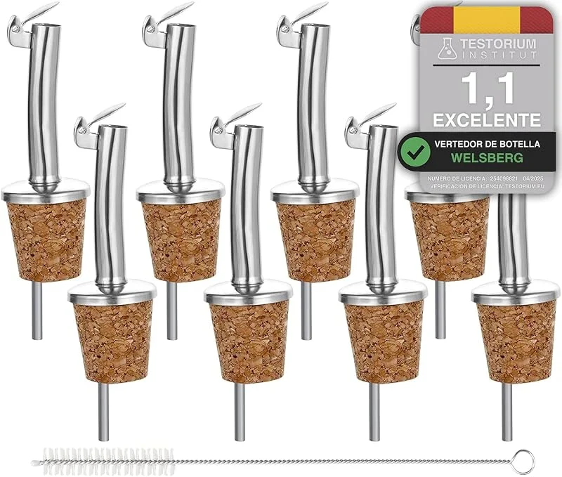 welsberg 8x vertedores de botellas corcho y 1x cepillo de limpieza, boquillas aceite in acero inoxidable con tapón antigoteo, vertedor dosificador aceite, vino, vinagre — Vino y mesa festiva