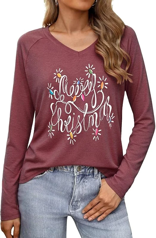 Visita la tienda de Terecey Terecey Camiseta de Navidad para mujer, manga larga, cuello en V, holgada, divertida, camiseta de Navidad, feo jersey de Navidad, para otoño e invierno, S-XXL — Ropa Navidad