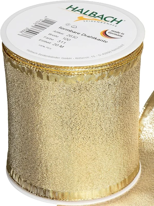 Halbach Seidenbänder Cinta de regalo dorada, fabricada en Alemania, con bordes de alambre moldeables, 100 mm x 25 m, elegante cinta dorada para bodas o Navidad — Envoltorio regalo