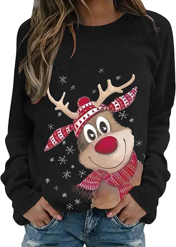 tacniseyw Suéter de Navidad para mujer, con estampado gráfico de reno, sudadera de manga larga para mujer, camiseta fea de cuello redondo, sudadera casual de Navidad, novedosa camiseta gráfica — Ropa Navidad
