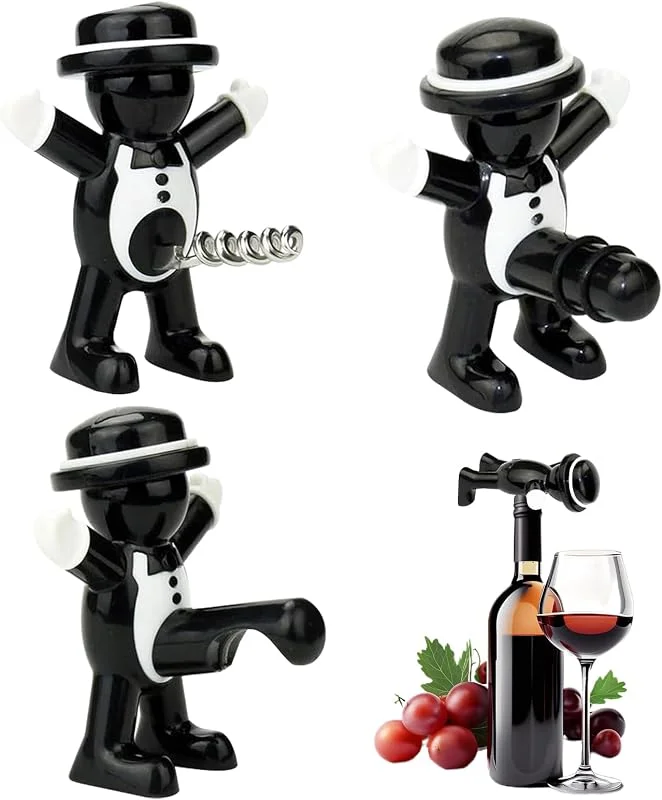 MaibaoteMbt Feliz Hombre Abridor de Botella, 3 Piezas Sacacorchos, Abrebotellas Happy Man, Abridor de Botellas de Vino y Cerveza, Tapones Divertidos Novedosos (Negro) — Vino y mesa festiva