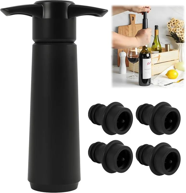 JinRuiCPeng Bomba De Vacío Para Vino Con 4 Tapones, Tapón Para Botella De Vino Para Mantener La Frescura, Conservante De Vino Contra La Oxidación, Tapón De Vino Reutilizable Para Vino Tinto Y Blanco — Vino y mesa festiva