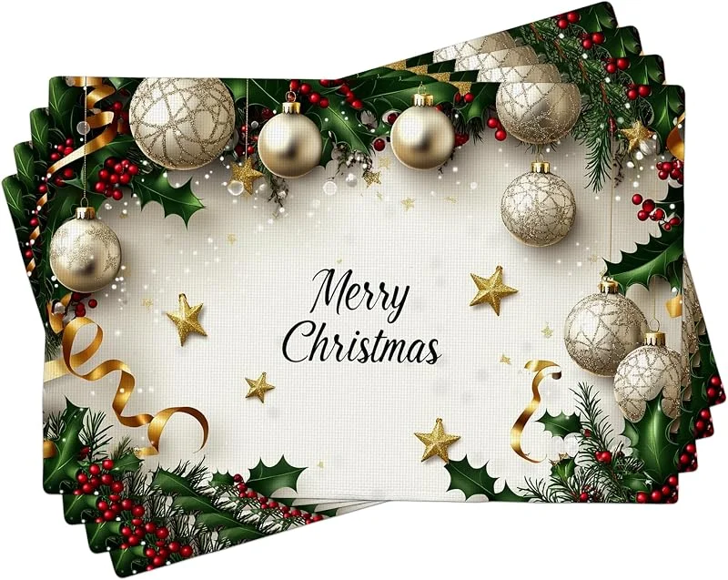 Generic Juego de 4 manteles individuales de Navidad, decoración festiva verde para mesas de comedor de invierno, lavables para interiores y exteriores, manteles individuales de tela con temática de Navidad — Hogar y cocina