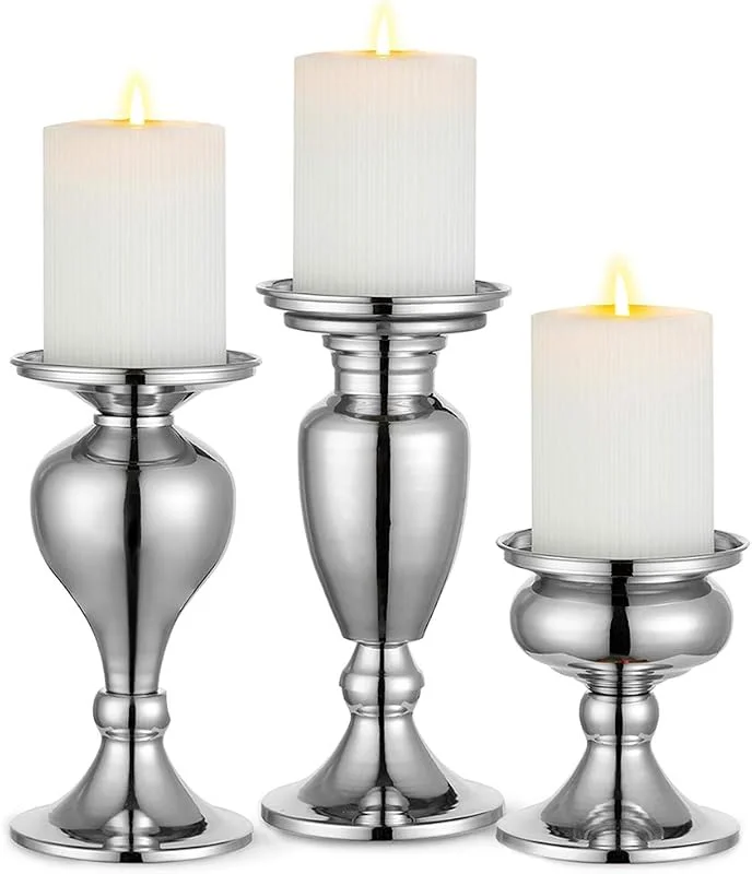 Visita la tienda de Sziqiqi Sziqiqi Juego de 3 Candelabros de Metal Portavelas Negro para Comedor Mesa de Centro de Mesa Boda Decoración Portavelas de Columna, Plata — Cena a la luz de velas