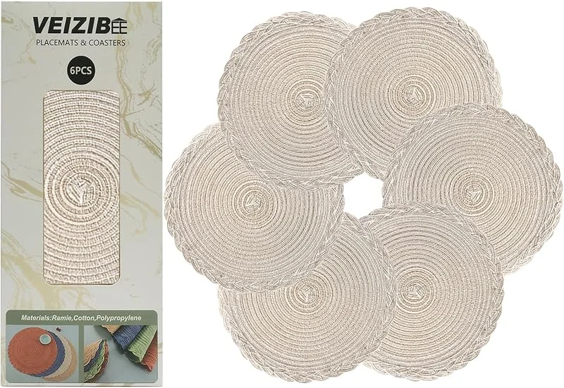 Visita la tienda de VEIZIBEE Manteles Individuales Redondos Trenzados 6pcs 38cm (15") Blanco Tejidos a Mano de Ramio, Algodón Lavables Antideslizantes Resistentes al Calor, Decorativos Mesa de Comedor Cocina Interior Exterior — Hogar y cocina