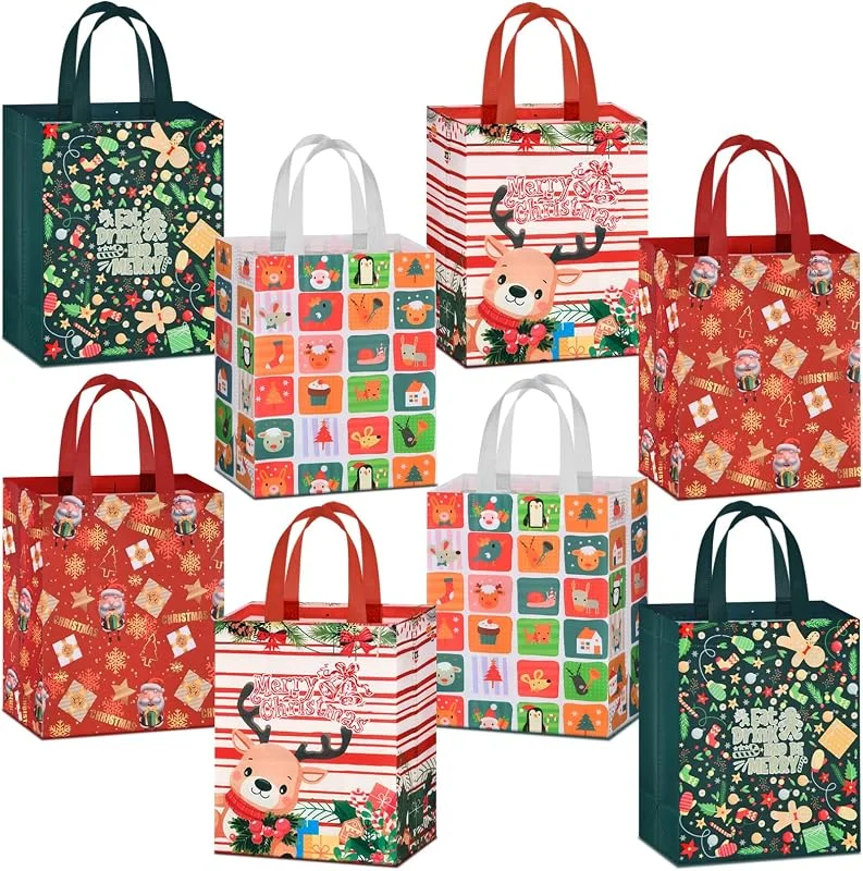 AhfuLife 8 Bolsa de Regalo Navideño, 26 x 21 x 12 cm Bolsos de Regalo Navideño con Manija, Bolsa de Compras de Regalo Navideño no Tejida para Niños Reutilizable, Bolsa de Regalo de Fiesta Navideña — Envoltorio regalo