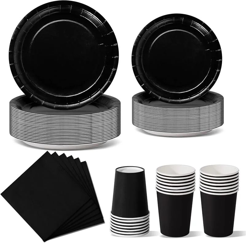 Nkaiso 96 Piezas Negro Vajilla Fiesta Cumpleaños, Platos y Vaso Cumpleaños Infantil, Set de Party Decoración Platos Desechable Servilletas para Navidad, Barbacoas, Fiestas -24 Invitado — Adviento y mesa