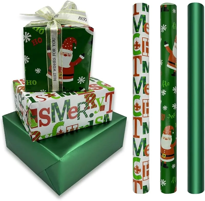 LZRinue Papel de Regalo Navideño - 3 Rollos de 43 cm x 3 m Verde Con Estampado de Papá Noel y Copos de Nieve Para Navidad, Cumpleaños, Bodas, Fiestas y Festivales — Envoltorio regalo