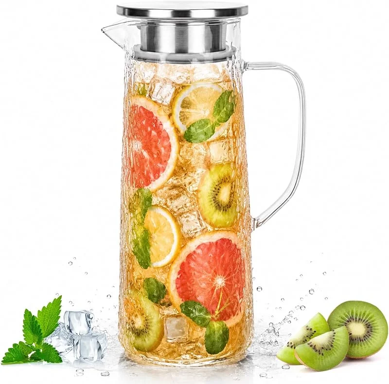 Hbzunt Jarra de cristal de 1, 5 litros, jarra de agua de vidrio de borosilicato con tapa, jarra de cristal para bebidas, zumo, té, leche — Vino y mesa festiva