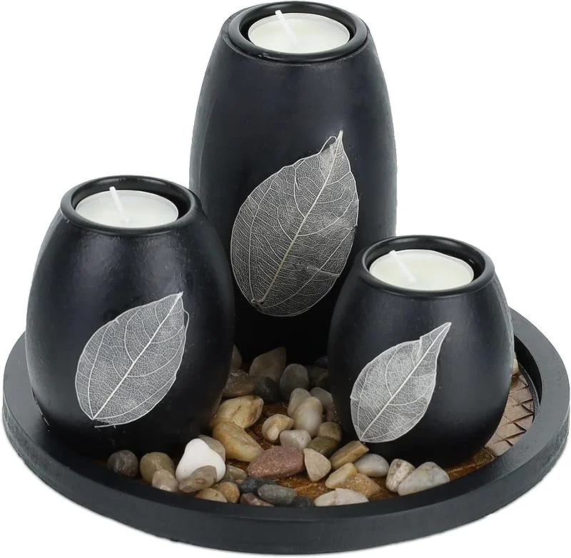 Visita la tienda de Relaxdays Relaxdays Set Portavelas con Bandeja y Piedras Decorativas, Ø 19, 5 cm, 3 Velitas, Decoración de Mesa, Negro, Marrón — Cena a la luz de velas