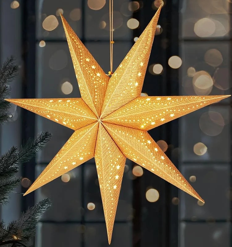 Visita la tienda de BRUBAKER BRUBAKER Estrella de Navidad 3D para Colgar - Estrella de Papel LED con Temporizador - Estrella de Adviento de 60 cm con Diseño Moderno - Funciona con Pilas - Decoración Navideña - Dorada — Decoracion Navidad