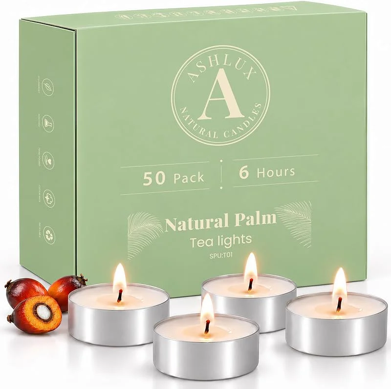 Ashlux Velas Tealight Cera de Palma, 50 Unid., Blanca, 6-7h — Cena a la luz de velas
