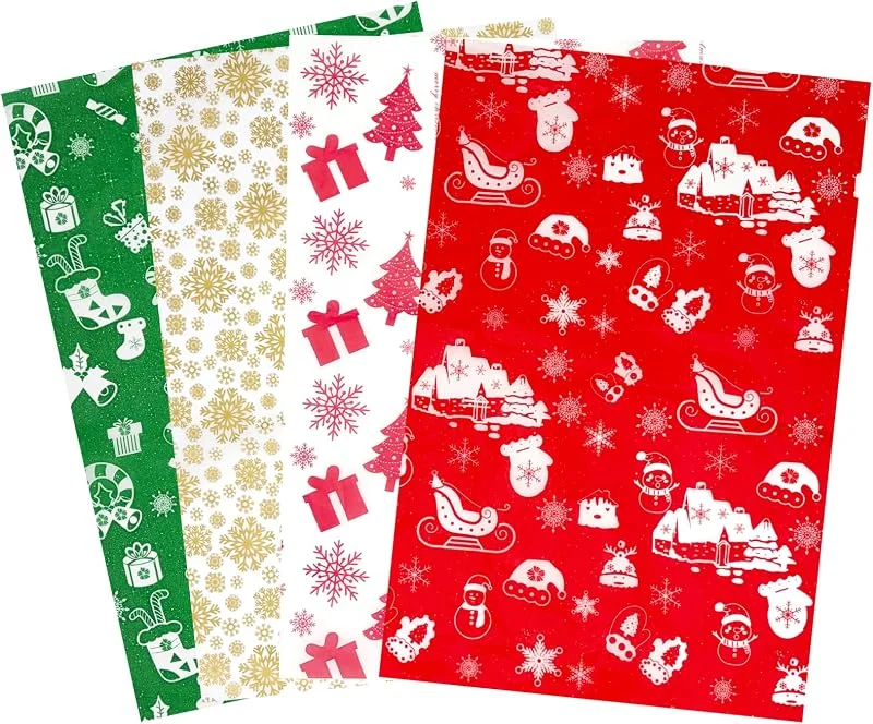 MBSIVSA 20 Papel Seda Navidad, 4 Diseños, 50 x 35 cm Papel de Regalo para Manualidades Navideñas, para Manualidades DIY, Bolsas y Decoración de Fiestas — Envoltorio regalo