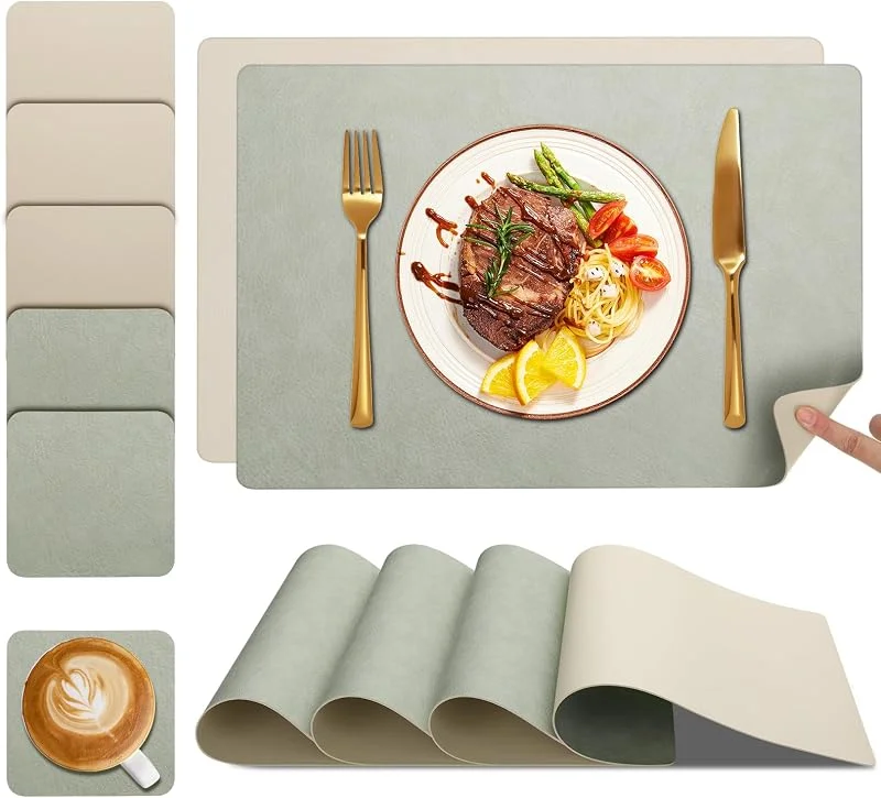YIHELU Manteles Individuales y Posavasos de Plástico Set de 6 –Salvamanteles Individuales Antimanchas Lavables con Acabado de Piel, Antideslizantes e Impermeables, Fáciles de Limpiar — Hogar y cocina