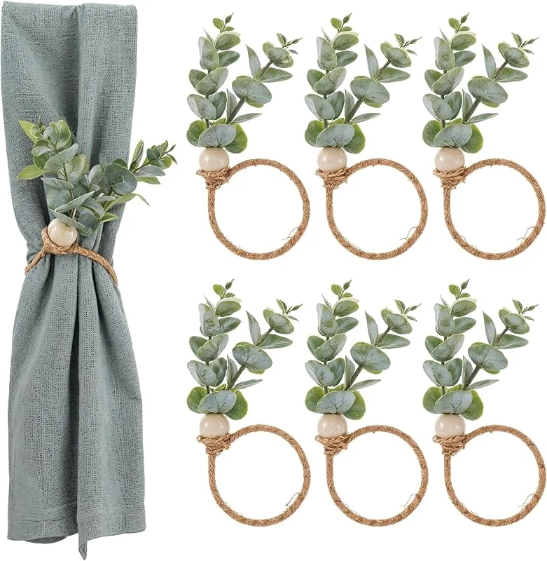 Amabro 6 anillos para servilletas, servilleteros rústicos de casa de campo, estilo bohemio, con hojas verdes, cuentas de madera de eucalipto para Acción de Gracias, Navidad, Pascua, bodas, decoración — Adviento y mesa