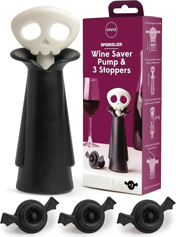 Visita la tienda de OTOTO OTOTO Bomba y tapones para ahorrar vino de calavera, regalos de Halloween, accesorios emo, cocina gótica, regalos góticos, murciélagos, utensilios de cocina (Spookelier) — Vino y mesa festiva