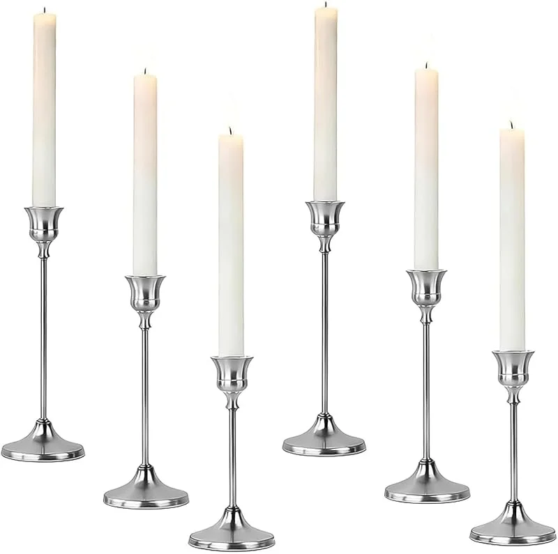 AXVRAV Portavelas de metal de 6 piezas, color plateado, vintage, portavelas de varilla, portavelas de barra alta para decoración de velas, juego elegante para bodas, fiestas, decoración del hogar, decoración — Cena a la luz de velas
