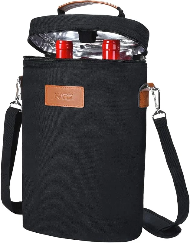 Kato Tirrinia Bolsa isotérmica para Botellas de 2, 4, Bolsa isotérmica de Vino, Bolsa de Vino portátil, con Correa, para Picnic, Fiesta, BYOB, Restaurante, 21 × 9 x 35 cm, Negro, 2 Botellas — Vino y mesa festiva