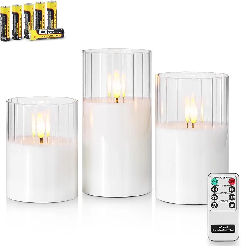 Visita la tienda de Rhytsing Rhytsing 3 Velas led de Cristal Rayas Verticales Transparentes con Mando a distancia, Velas a Pilas con Temporizador Decorativas para Bodas e Iglesias, Altura 10cm, 12, 5cm, 15cm (Transparentes) — Luces Navidad