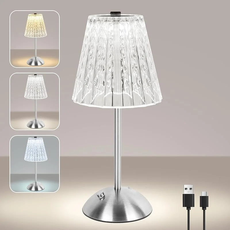 vsshe Lampara Inalambrica, 2000mAh Lampara Recargable con USB-C, 3 Temperaturas de Color Toca Cristal Lampara de Mesa, Lámpara de Mesa Inalámbrica para Dormitorio, Cafetería, Bar, Cena (Plata) — Cena a la luz de velas