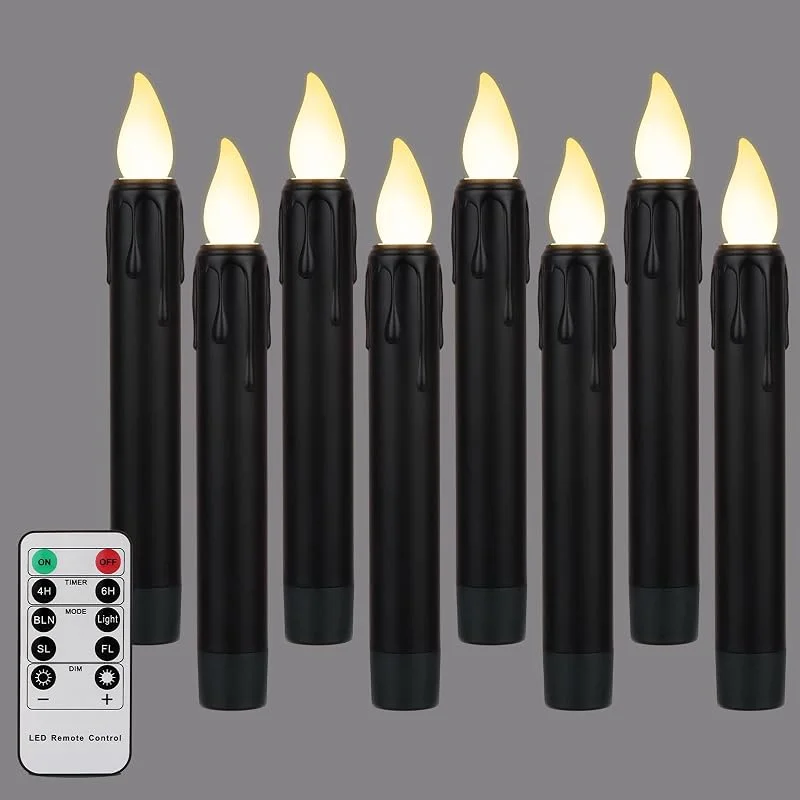 Visita la tienda de FREEPOWER FREEPOWER 8 Velas LED Negras con Mando a Distancia Temporizador Parpadeantes, Funciona con Pilas, Luz Blanca Cálida Regulable, Decoración Halloween, 2x17cm — Luces Navidad
