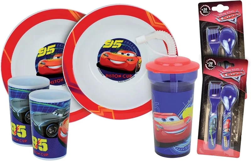 FUN HOUSE, Set completo de vajilla Disney Cars para niño, 2 platos hondos + 2 vasos + 2 juegos cubiertos + 1 vaso pajita, licencia oficial, reutilizable, marca francesa, idea de regalo — Adviento y mesa