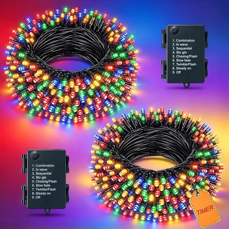 Hopelit Luces Navidad Exterior, Luces Navidad Exterior Pilas 5m 50LED 2 Piezas, Multicolor, Con Mando a Distancia y 8 Programas, IP44 Luces Navidad, Para jardín, Navidad, Boda, Fiesta