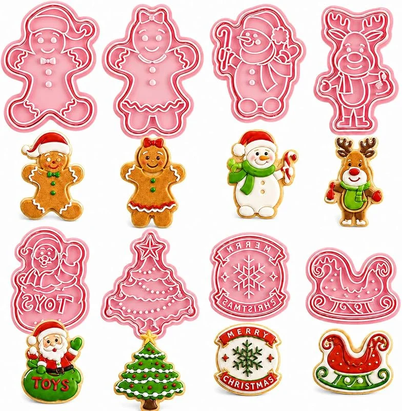 PTaizjjz Juego de cortadores de galletas de Navidad, 8 moldes de plástico 3D para sellos de Papá Noel, árbol de Navidad, pan de jengibre niño y niña, cortador de renos de muñeco de nieve para hornear Navidad — Hogar y cocina