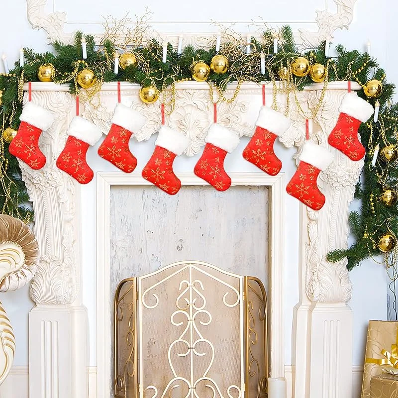 Qpout CalcetíN NavideñO, 8 Piezas Rojo Y Blanco PequeñO CalcetíN NavideñO con Bordado De Copo De Nieve Dorado para DecoracióN NavideñA Mini Medias Bolsa De Regalo para DecoracióN áRboles De Navidad — Decoracion Navidad