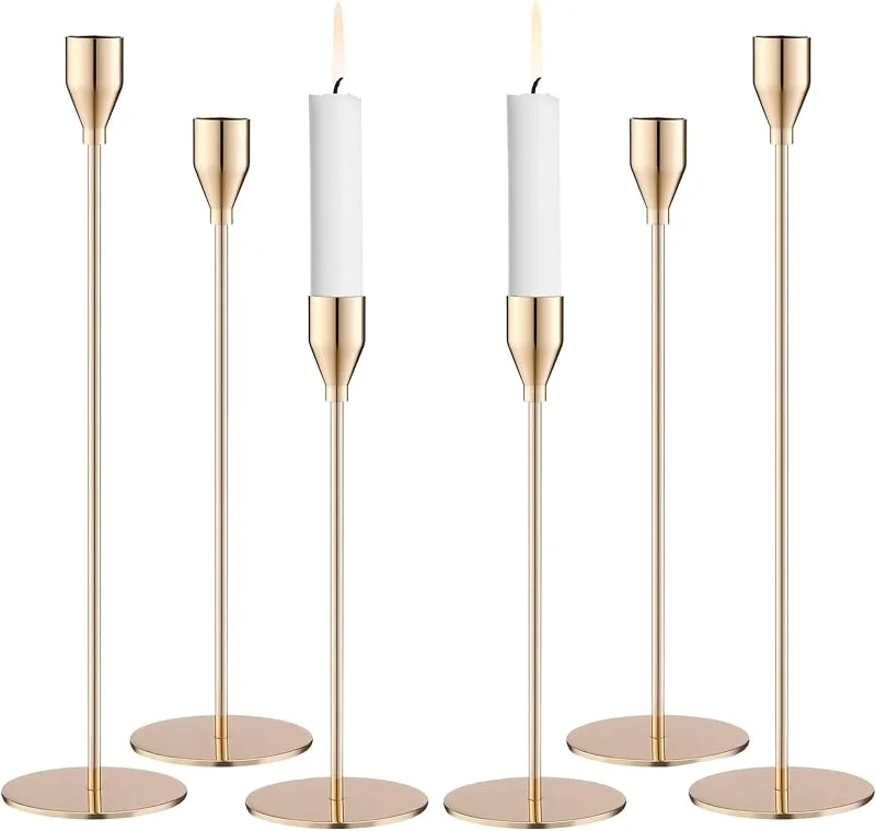 ZHYLUO Candelabro Dorado 6 Piezas Candelabro Cónico Candelabros de Metal 33, 28, 23 cm para Boda, Sala de Estar, Navidad Halloween Decoración de Comedor — Cena a la luz de velas