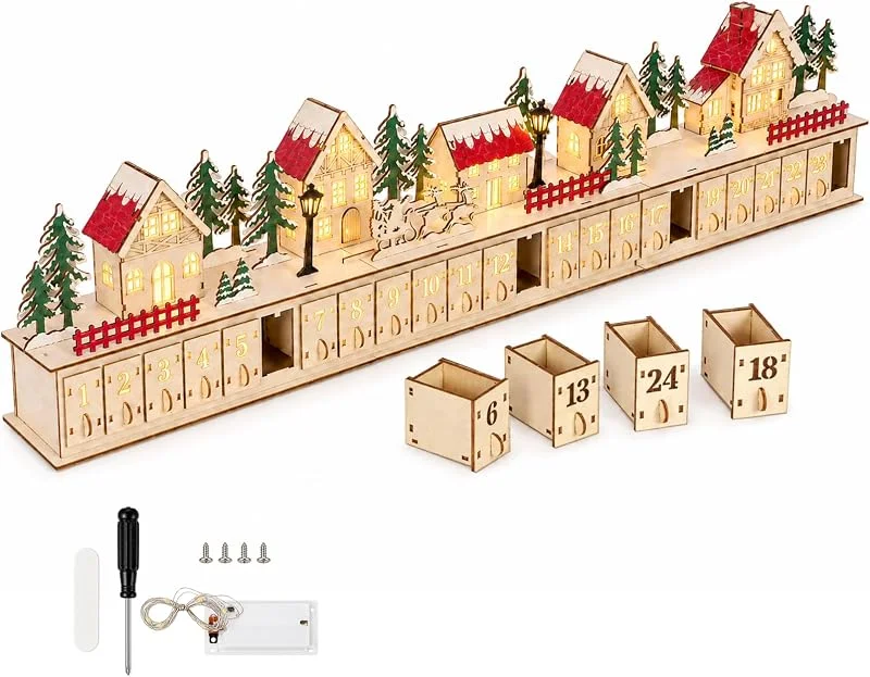 Yearninglife Calendario de Adviento de madera en forma de pueblo navideño con caja de — Adviento y mesa