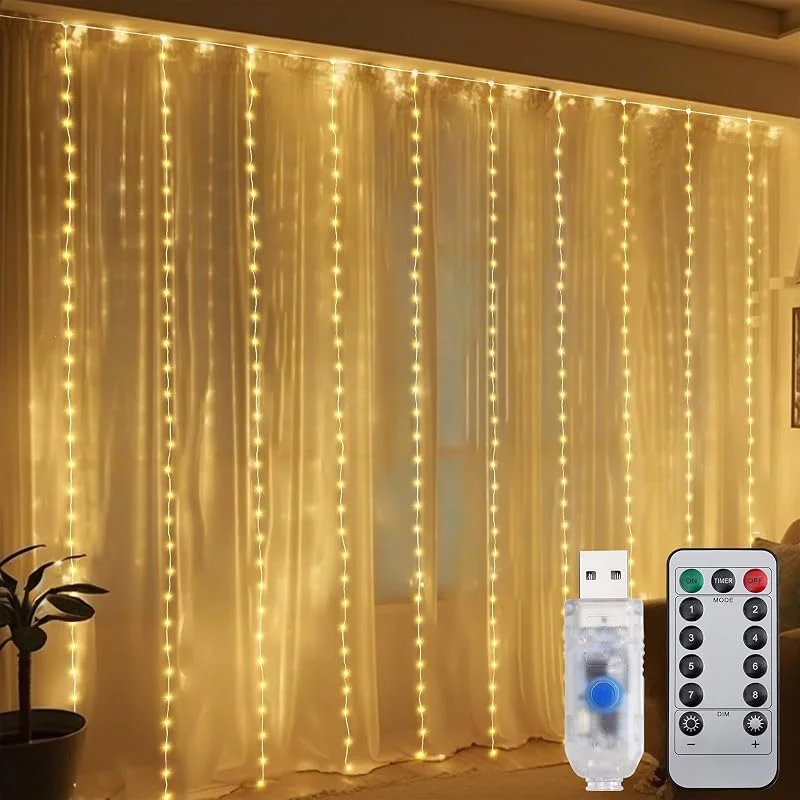 Visita la tienda de SALCAR SALCAR 3 x 3 m 300 LED Lichtervorhang Innen, 8 Modos LED Lichterkette Cortina con Timer, Impermeable USB Lichterketten Cortina Interior Exterior para Navidad Boda Fiesta Terraza Blanco Cálido — Luces Navidad