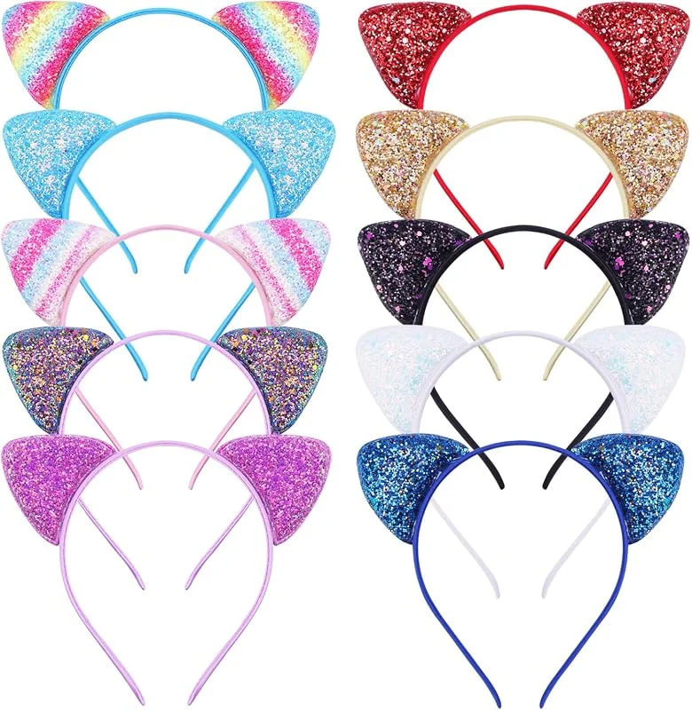 YSTrillion 10 Pcs Glitter Cat Ears Headband, Diademas con Orejas de Gato - Accesorios Adorables para Fiestas y Disfraces, Halloween, Carnaval. — Ropa Navidad