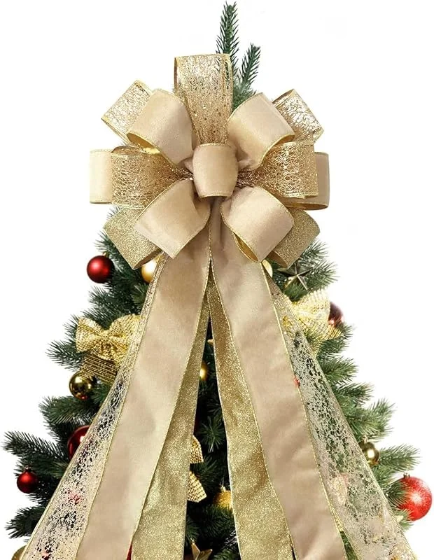LATERN Dorado Lazo para Punta del Árbol de Navidad, 30CM x 110CM Moños Navideño Terciopelo Grande Adornos para Copa con Satén Brillante y Malla Serpentina para Árbol Chimenea Corona Puerta Decoración — Decoracion Navidad