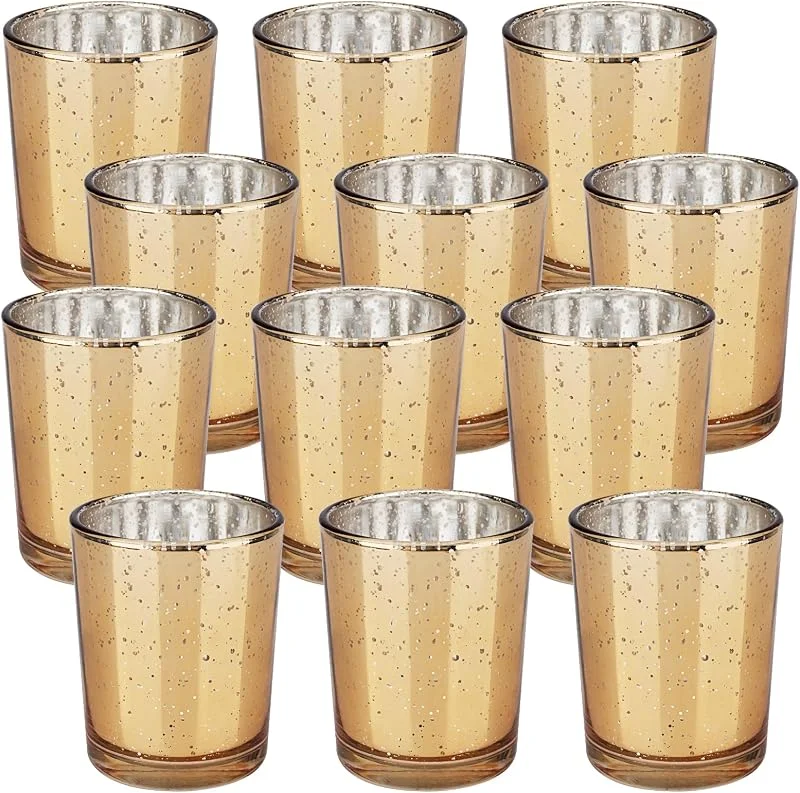 Euleryoo Juego de 12 portavelas de Cristal Dorado, diseño de Estrellas moteadas, Redondas, de Cristal, decoración para Bodas, Fiestas, Navidad, decoración de Mesa, salón, Regalo — Adviento y mesa