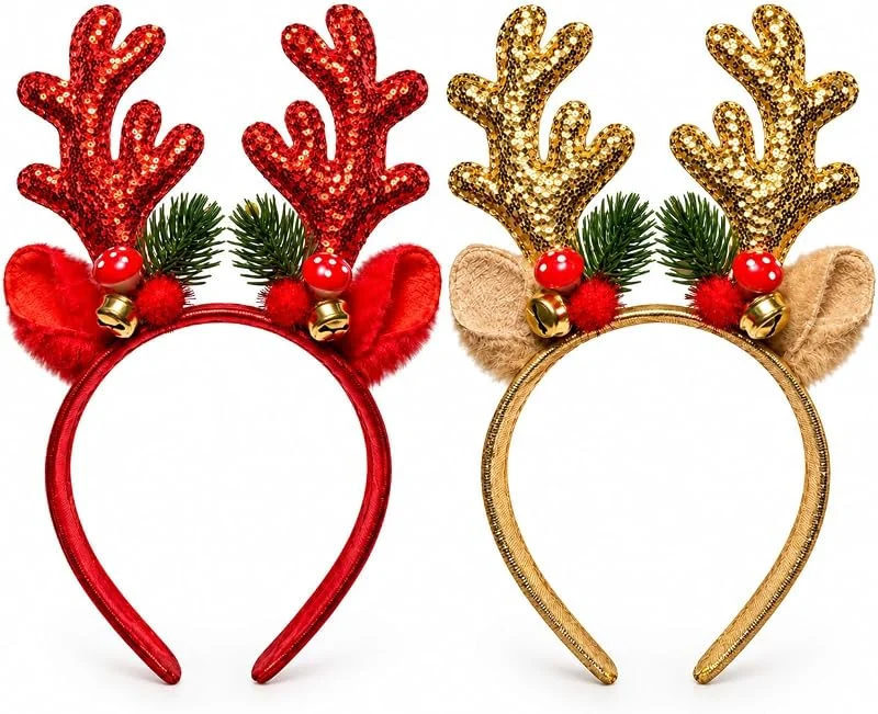 FOXJAY Diademas de Reno Navidad, Pack de 2 Roja y Dorada con Cuernos Brillantes, Orejas Suaves y Cascabeles, Accesorios Navideños para el Pelo, Fiestas, Disfraces y Fotos Familiares — Ropa Navidad