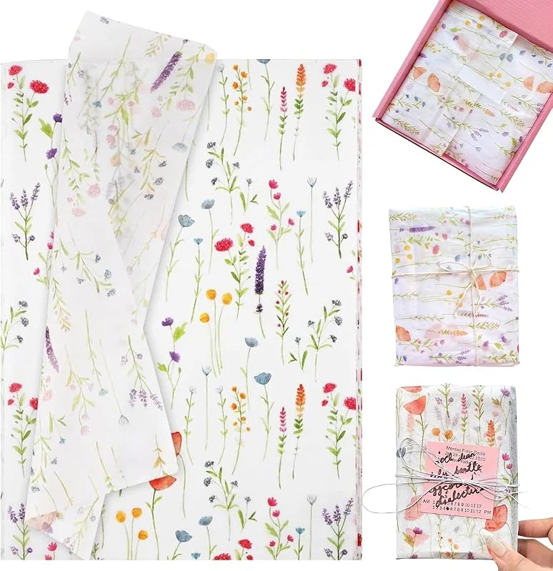 Euablfo 100 Piezas hojas de papel de seda, Decoración de Papel de Regalo con Flores Silvestres, para Envolver y Bolsas de Regalo papel de seda para Navidad, Boda, Aniversario, Cumpleaño, Fiesta, DIY — Envoltorio regalo