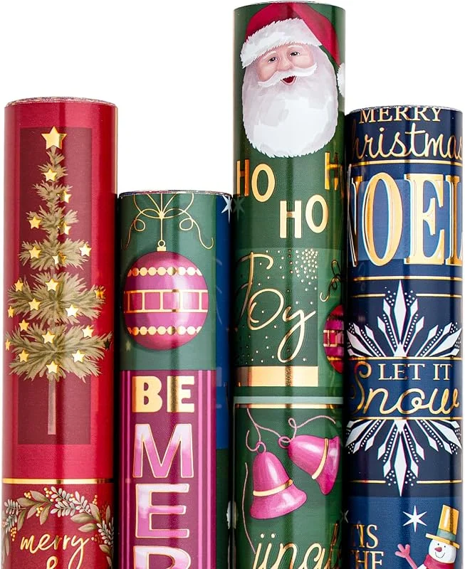 Visita la tienda de RUSPEPA RUSPEPA Papel De Regalo Navidad - Papá Noel, Muñeco De Nieve, Árbol De Navidad Y Diseño De Campana - 4 Rollos - 43.5x305 cm Por Rollo — Envoltorio regalo