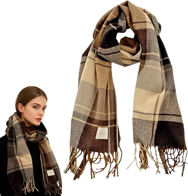 YAUOIPI Marrón Invierno Otoño Tartan Bufanda, 50 * 200 CM Larga Fular, Bufandas de Punto Bufanda con Borlas para Mujer Hombre Cumpleaños Regalo Navidad — Ropa Navidad