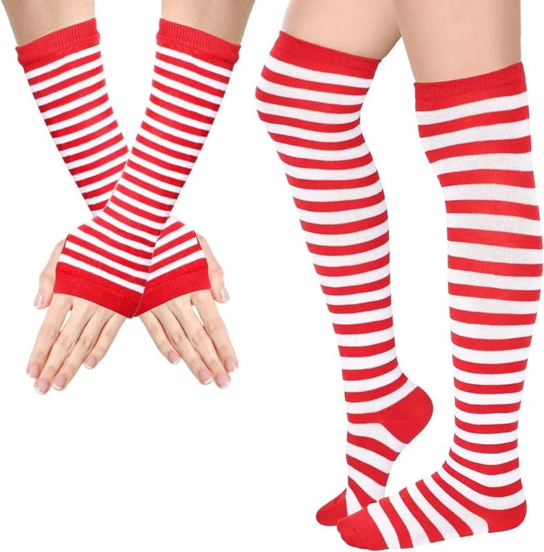 LUYANFX Conjunto de Calcetines y Guantes a Rayas Hasta La Rodilla, Halloween Calcetines a Rayas Negras, Guantes Largos Sin Dedos, Accesorios de Disfraz para Mujeres y Niñas Carnaval Halloween Cosplay — Decoracion Navidad